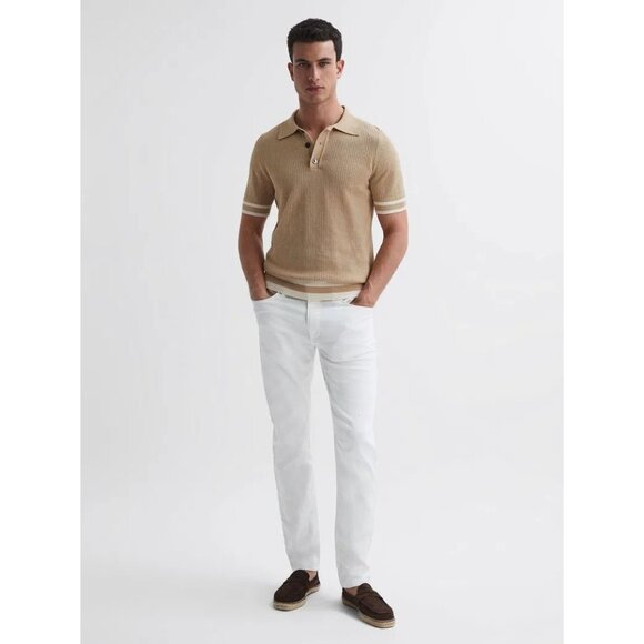 REISS x CHÉ Quinn Tan 100% Cotton Pointelle Knit Short Sleeve Polo Shirt, Size S - Picture 2 of 16